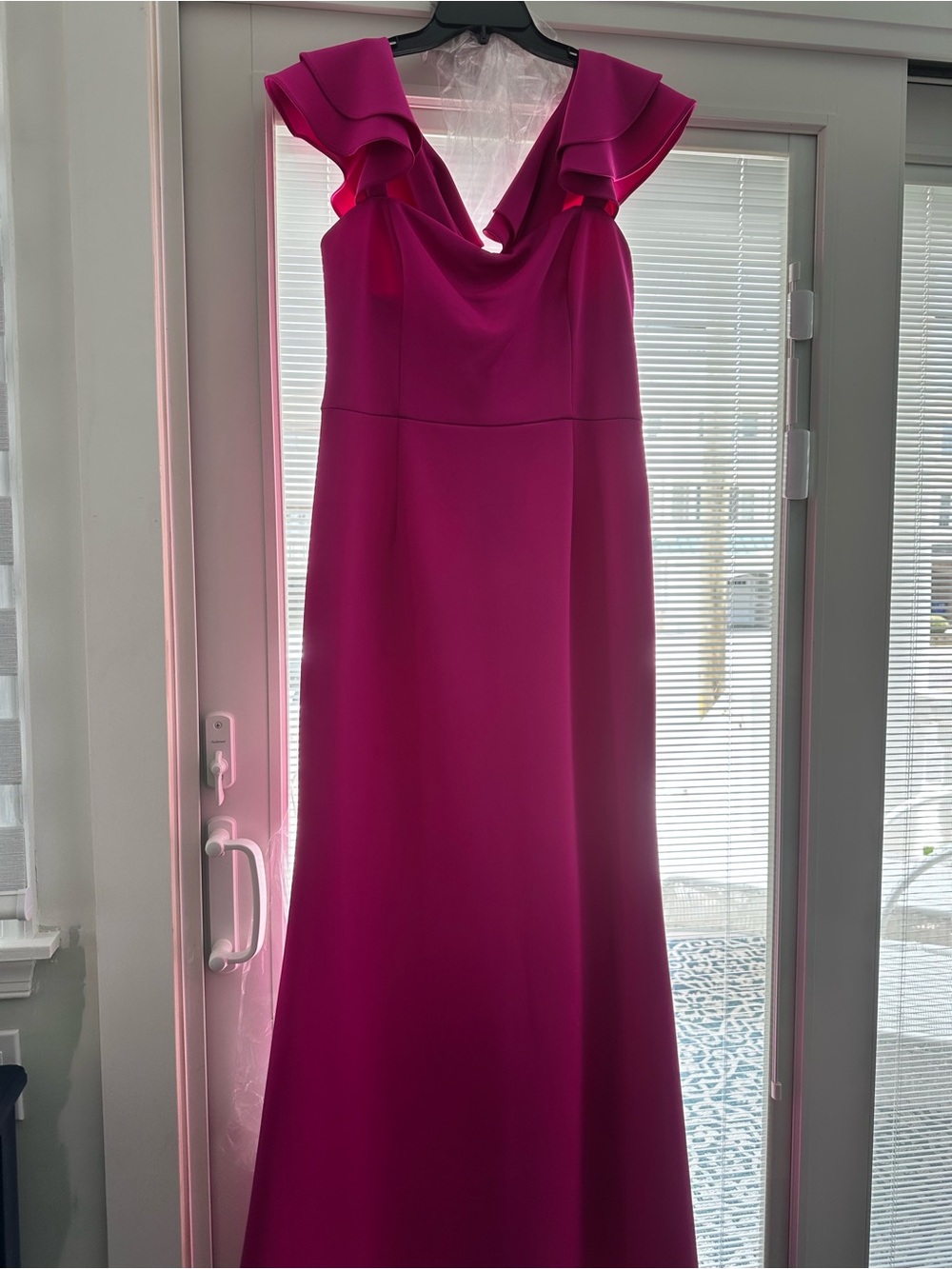 Adrianna Papell Magenta Ruffle-Shoulder Maxi Dress